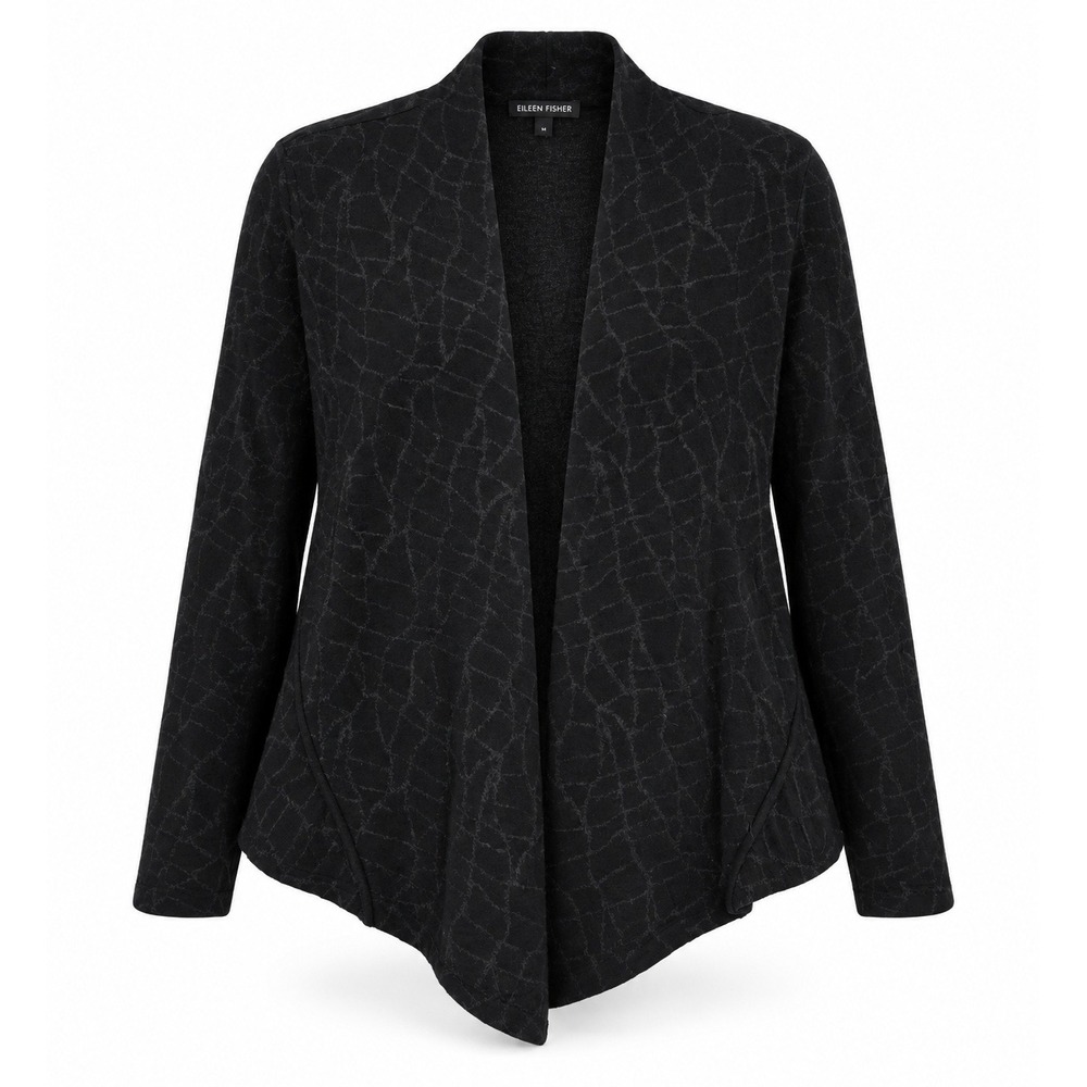Eileen Fisher Black Crackle Jacquard Open Front Cardigan Size M Drape Hem